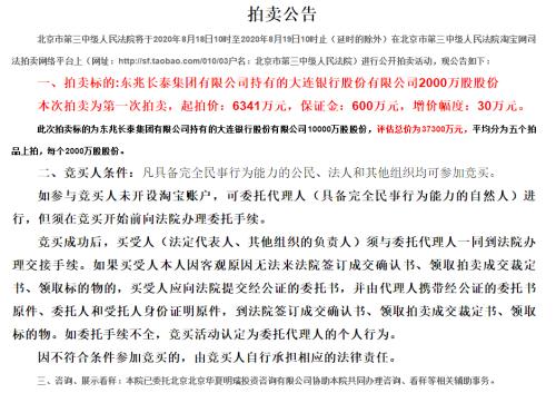 大股東深陷法律糾紛 大連銀行1億股“85折”甩賣